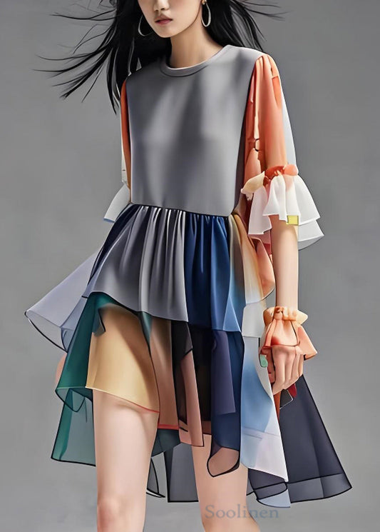 Natural Colorblock O Neck Ruffled Patchwork Chiffon Dress Summer