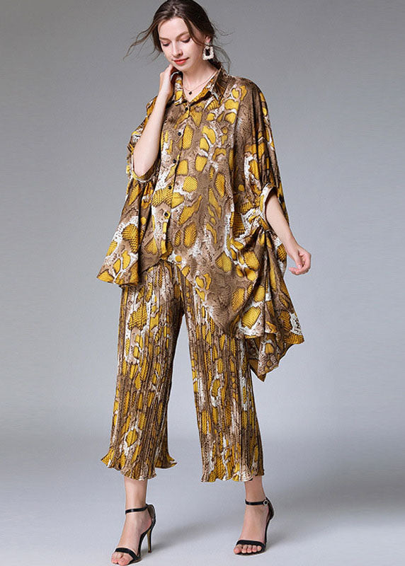 Natural Colorblock Peter Pan Collar Print Tops and Pants Chiffon Two Pieces Set Summer