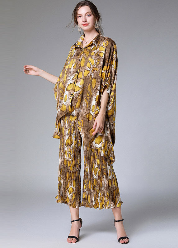 Natural Colorblock Peter Pan Collar Print Tops and Pants Chiffon Two Pieces Set Summer