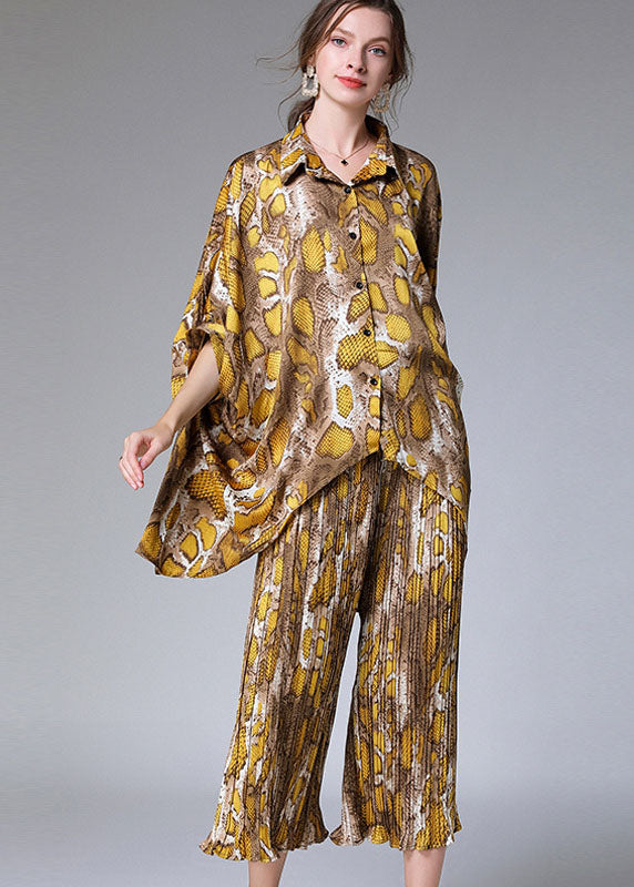 Natural Colorblock Peter Pan Collar Print Tops and Pants Chiffon Two Pieces Set Summer