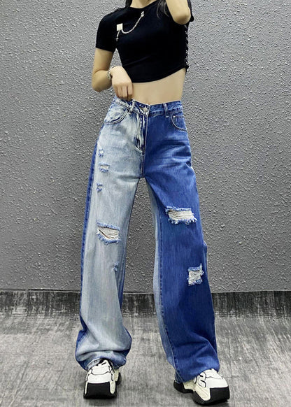 Natural Colorblock Pockets Ripped Denim Straight Pants Spring