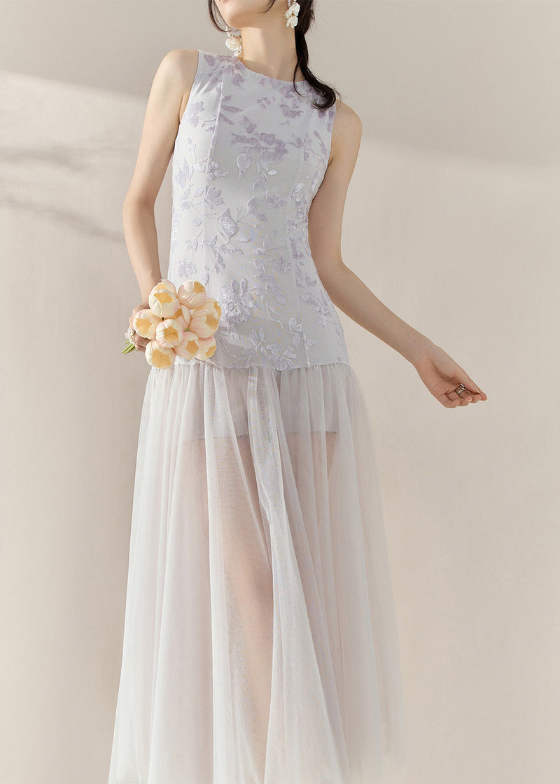 Natural Colorblock Print Tulle Patchwork Long Dress Sleeveless