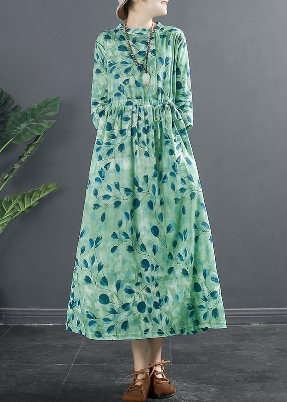 Natural Drawstring Dresses Photography Green Print a Line Dress