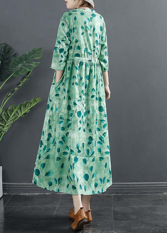 Natural Drawstring Dresses Photography Green Print a Line Dress