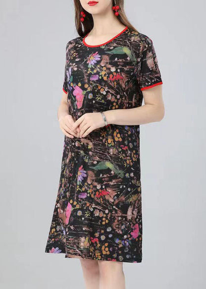 Natural O Neck Print Patchwork Cotton Mid Dress Summer