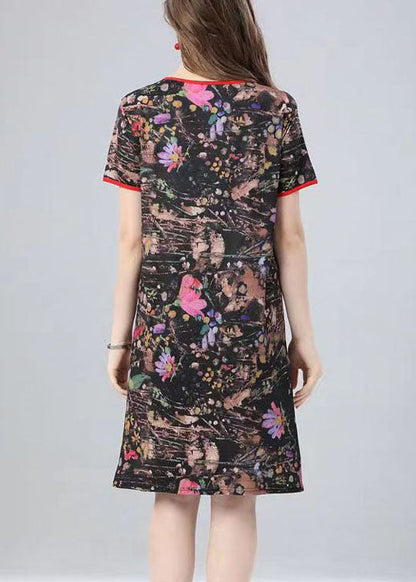 Natural O Neck Print Patchwork Cotton Mid Dress Summer