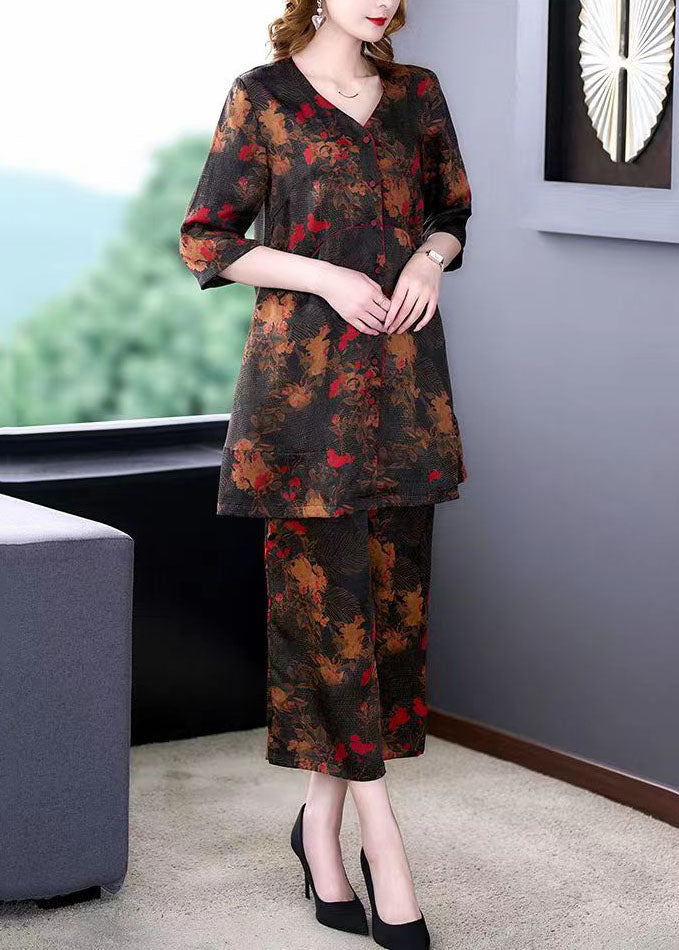 Natural V Neck Print Tops and Pants Silk 2 Piece Outfit Summer