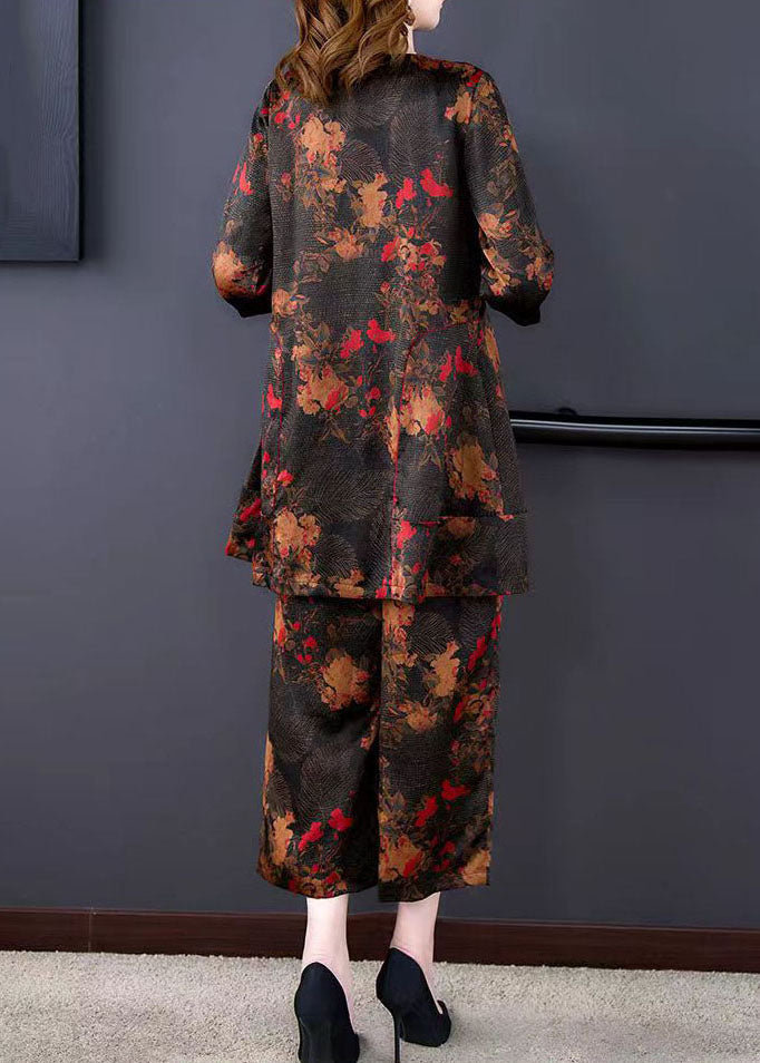 Natural V Neck Print Tops and Pants Silk 2 Piece Outfit Summer