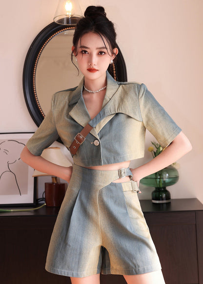 Natural Gradient Color Asymmetrical Denim Tops and Shorts 2 Piece Outfit Summer