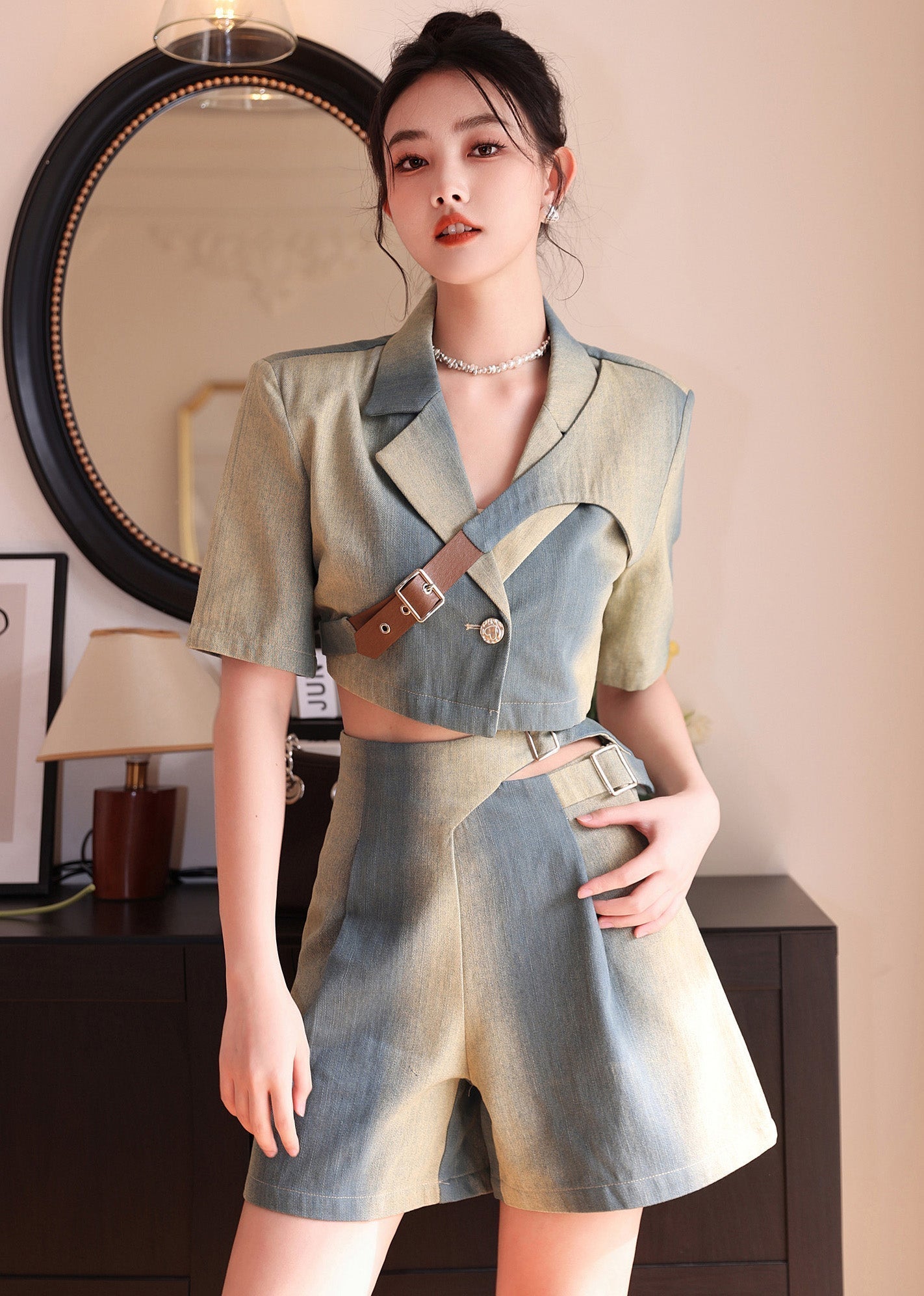 Natural Gradient Color Asymmetrical Denim Tops and Shorts 2 Piece Outfit Summer