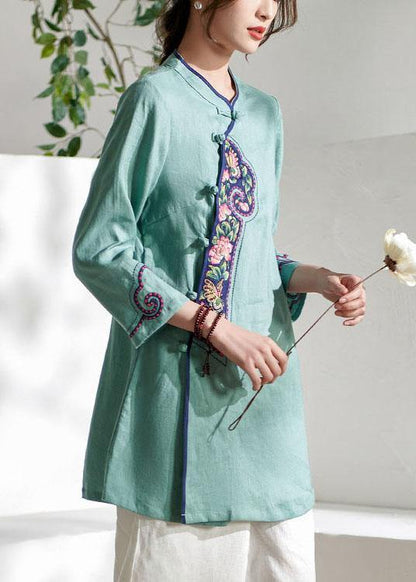Natural Green Embroideried Button Spring Summer Linen Tops