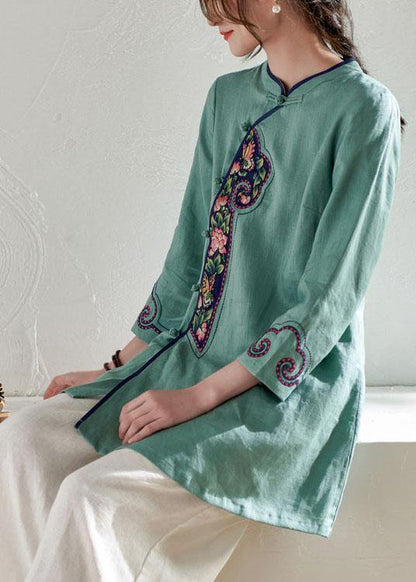 Natural Green Embroideried Button Spring Summer Linen Tops