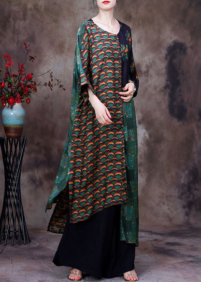 Natural Green O-neck Asymmetrical Print Patchwork Silk Cardigans and Wide Leg Pants Two Pieces Set Long Sleeve