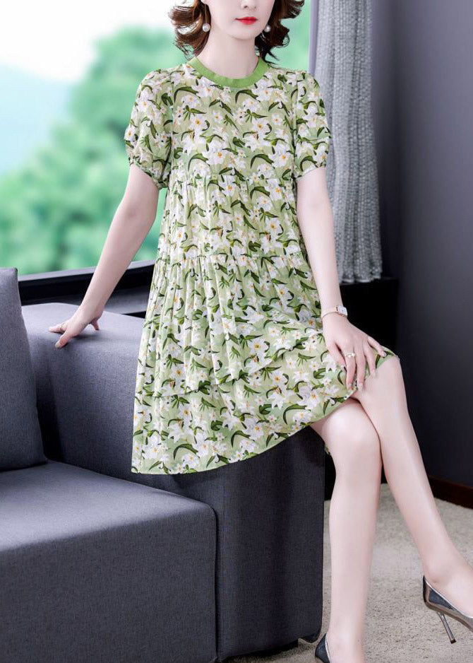 Natural Green O-neck Cinched Print Dress Short Sleeve
