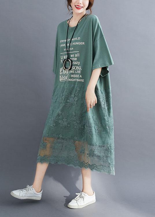 Natural Green O-neck Graphic Summer Long Dresses Half Sleeve