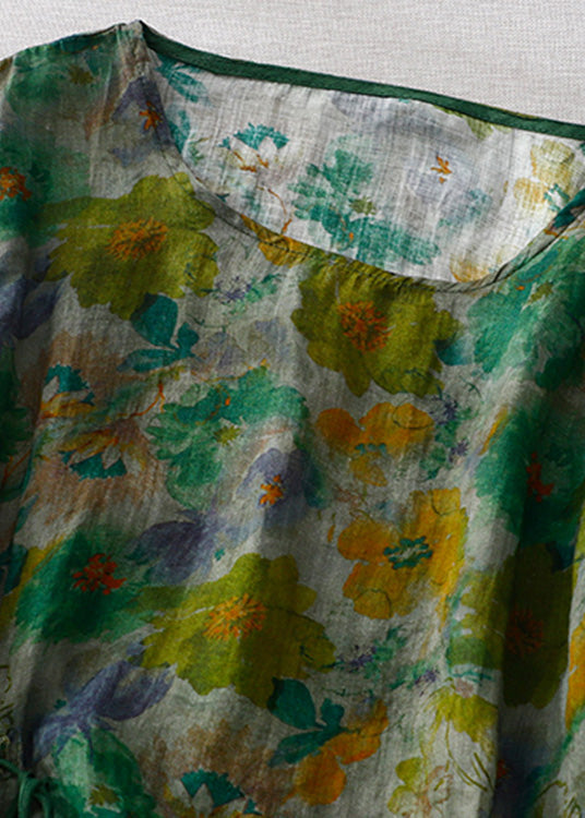 Natural Green O-neck Print Wrinkled Linen Tops Long Sleeve