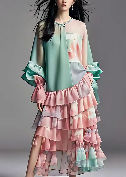 Natural Green O-neck Wrinkled Chiffon Long Cake Dress Long Sleeve