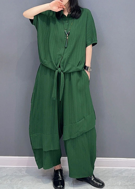 Natural Green Peter Pan Collar Patchwork Tops and Pants Cotton Two Pieces Set Spring