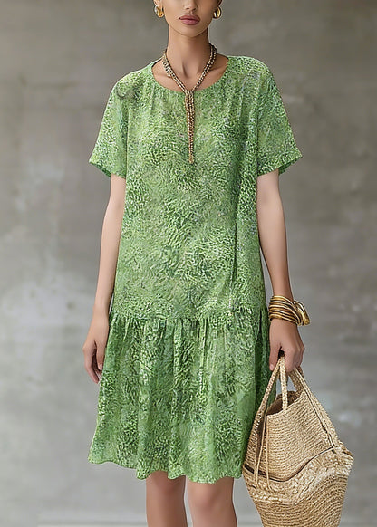 Natural Green Print Patchwork Long Dresses Short Sleeve