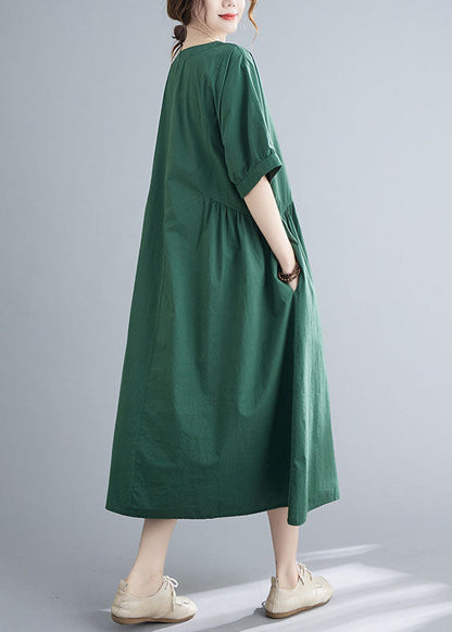 Natural Green Color Patchwork Cotton Long Dress Short Sleeve
