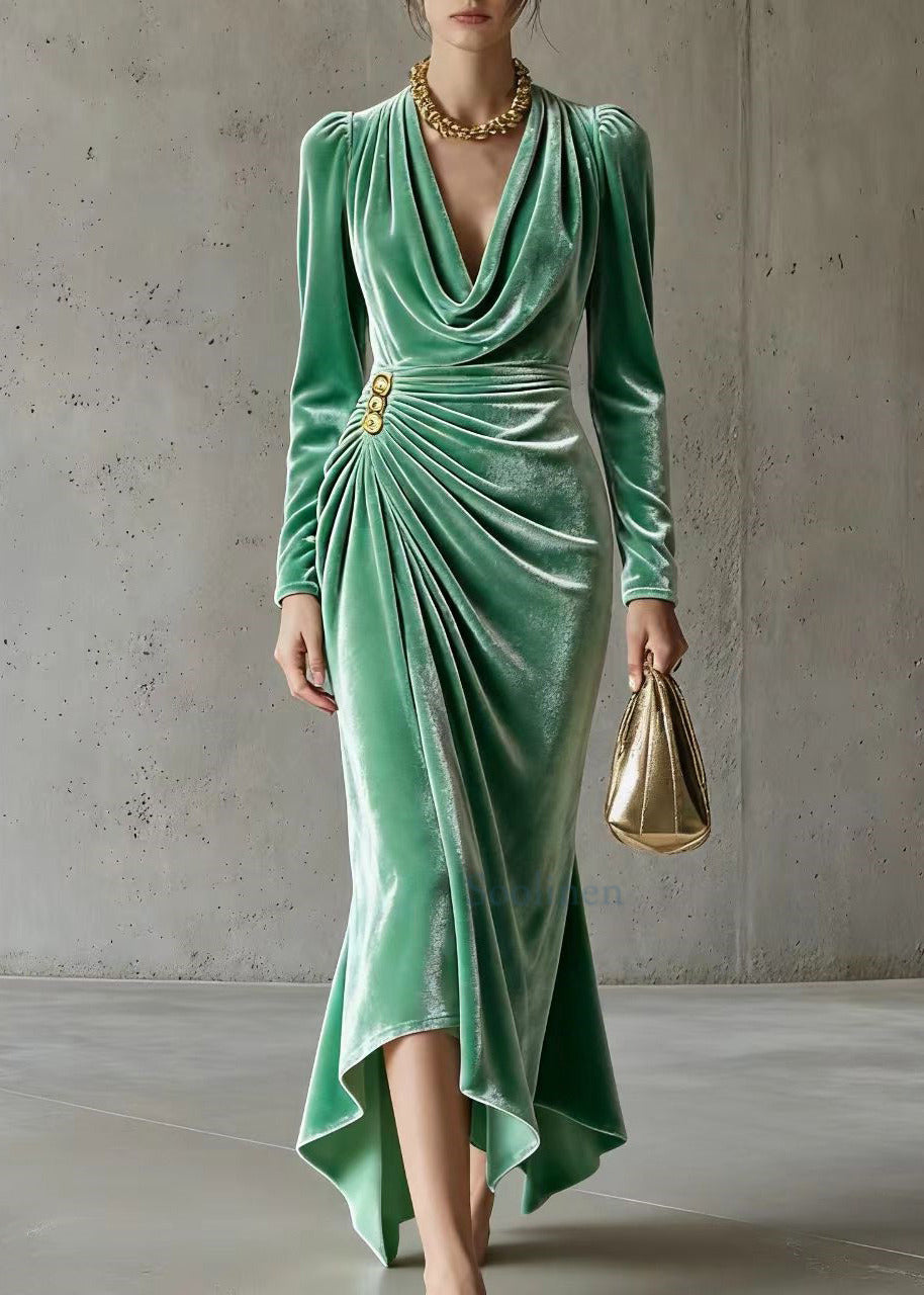 Natural Green Turtle Neck Wrinkled Silk Velvet Party Dress Spring