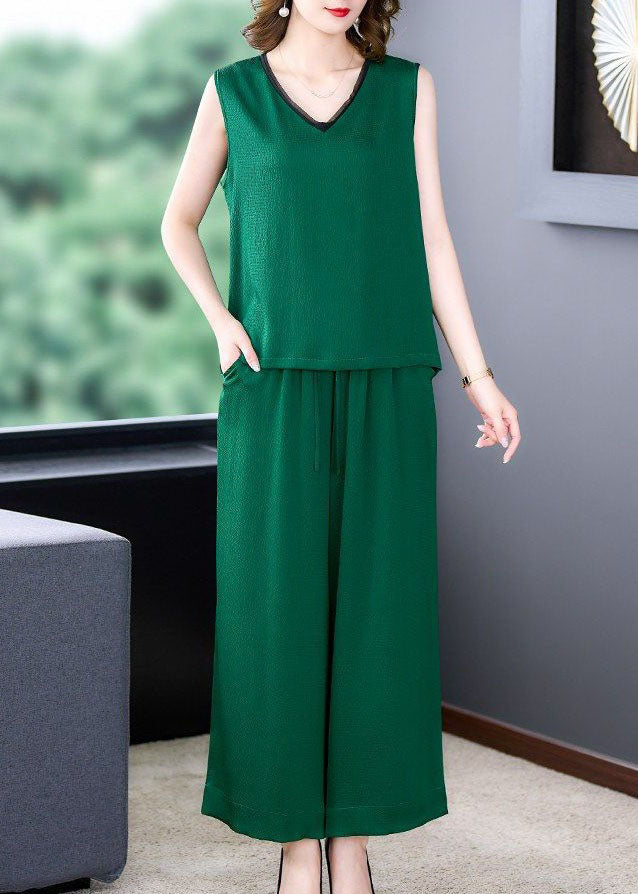 Natural Green V Neck Patchwork Silk Tops and Pants Two-piece Set Summer