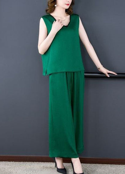 Natural Green V Neck Patchwork Silk Tops and Pants Two-piece Set Summer
