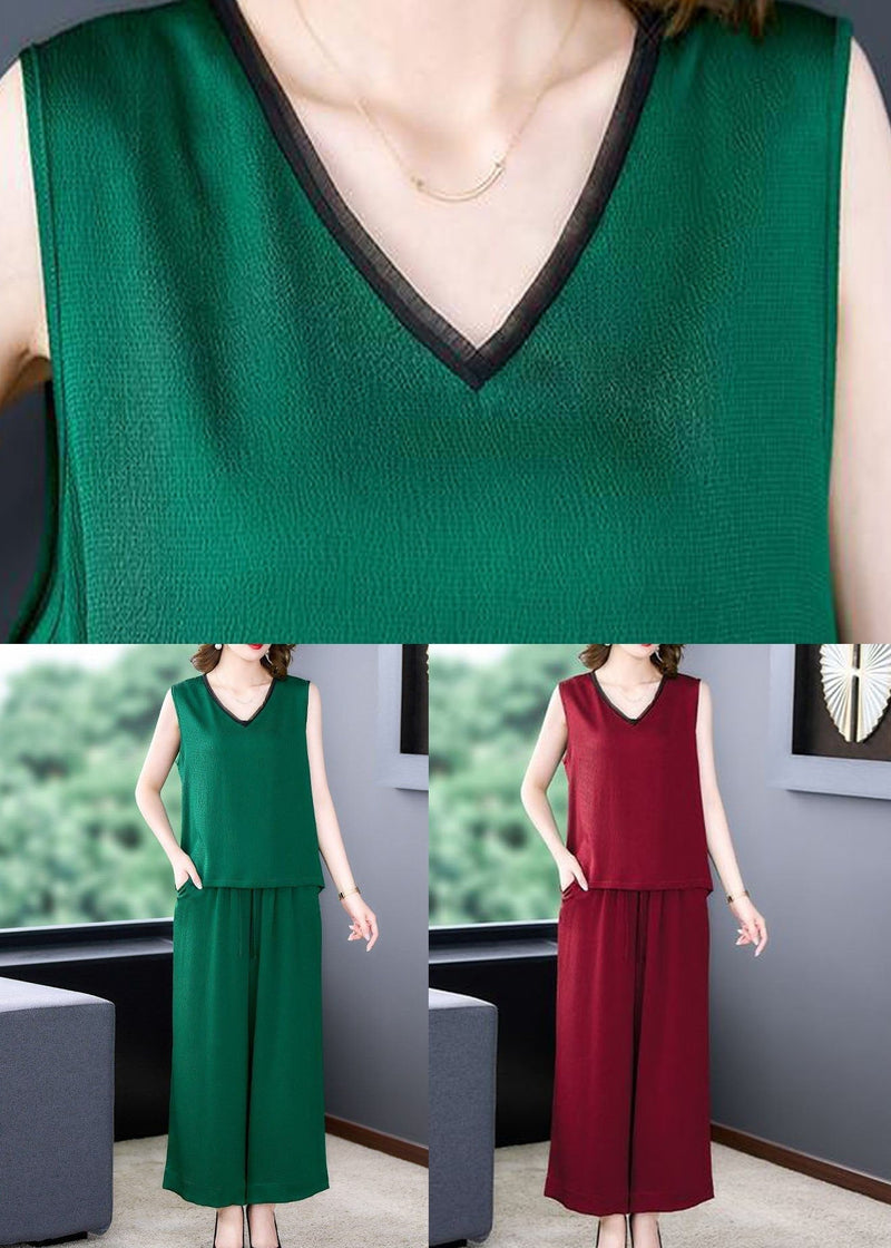 Natural Green V Neck Patchwork Silk Tops and Pants Two-piece Set Summer