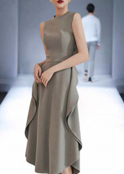 Natural Grey Green O-neck Ruffled Patchwork Long Dresses Summer