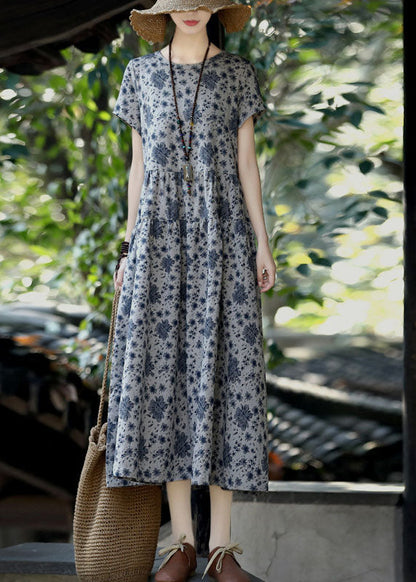 Natural Grey O-neck Patchwork Print Linen Long Dress Short Sleeve