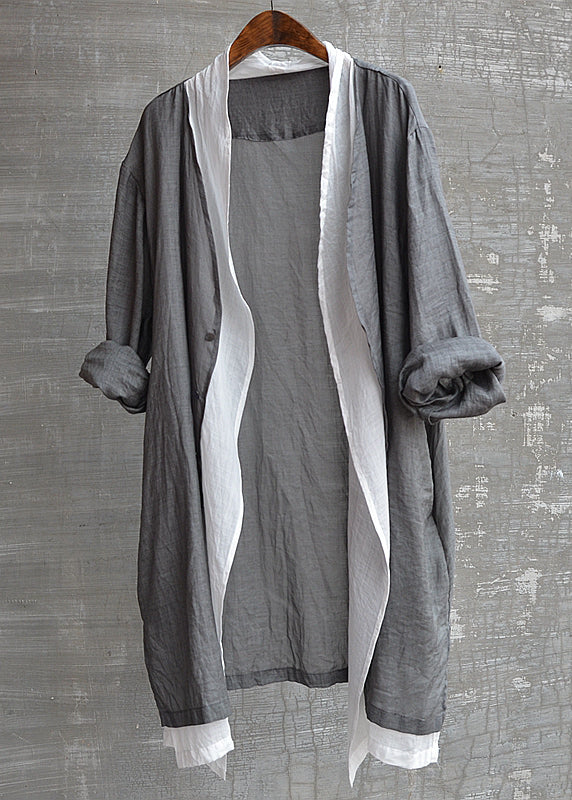 Natural Grey V Neck Button Fake Two Pieces Linen Top Fall