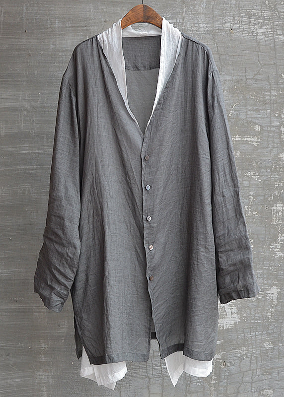 Natural Grey V Neck Button Fake Two Pieces Linen Top Fall