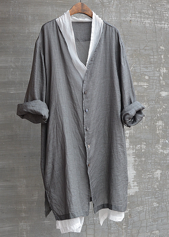 Natural Grey V Neck Button Fake Two Pieces Linen Top Fall