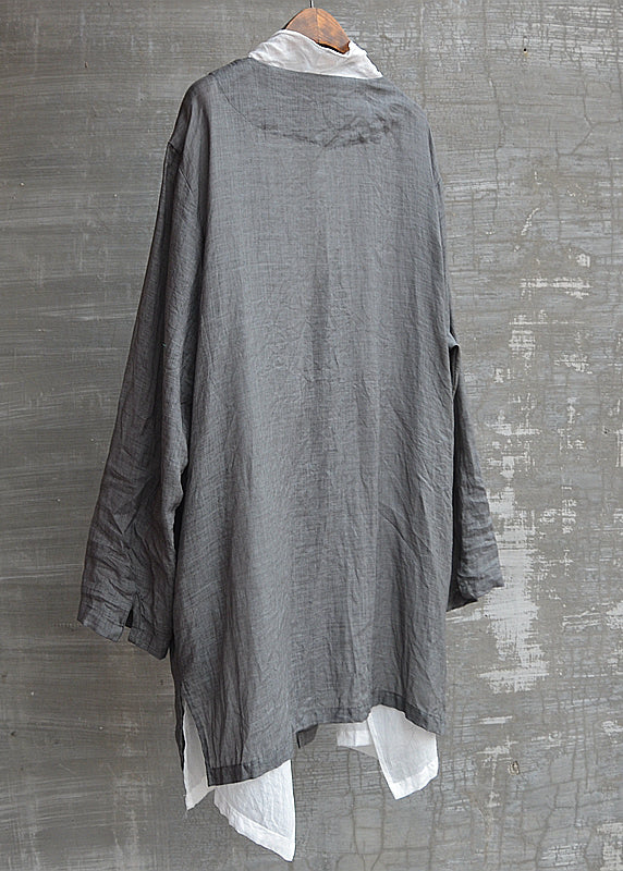 Natural Grey V Neck Button Fake Two Pieces Linen Top Fall