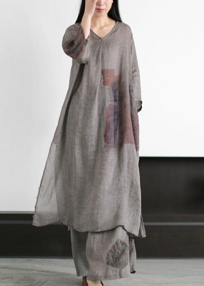 Natural Grey V Neck Side Open Ramie Long Dress and Wide Leg Pants Summer