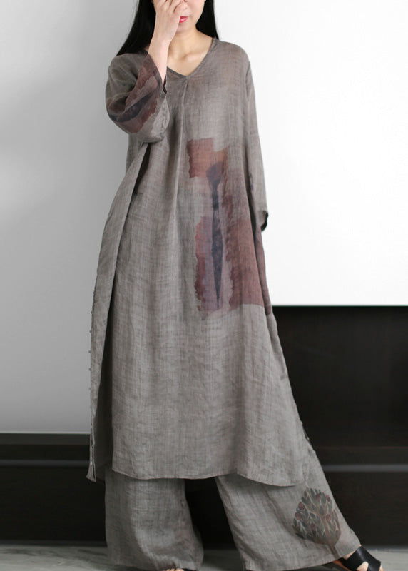 Natural Grey V Neck Side Open Ramie Long Dress and Wide Leg Pants Summer