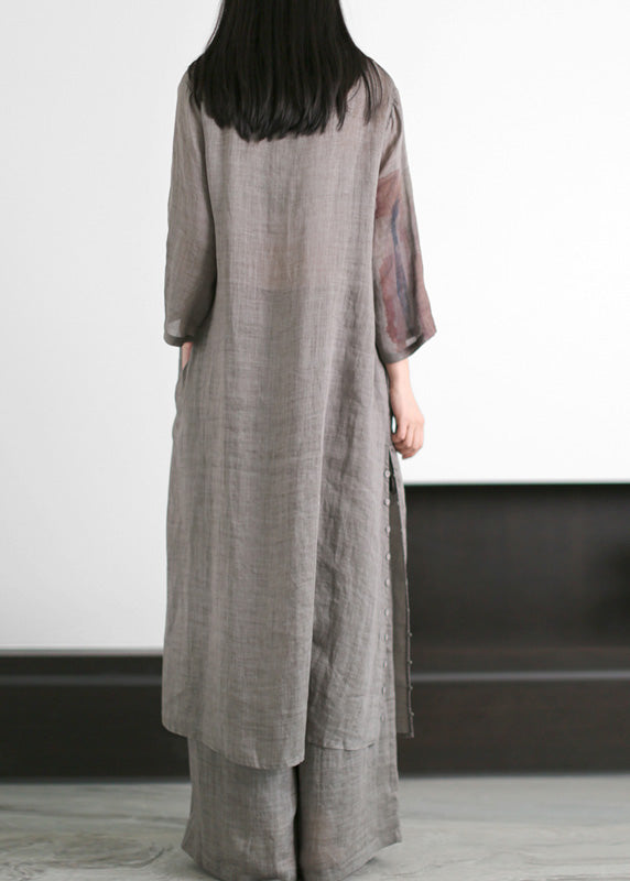 Natural Grey V Neck Side Open Ramie Long Dress and Wide Leg Pants Summer