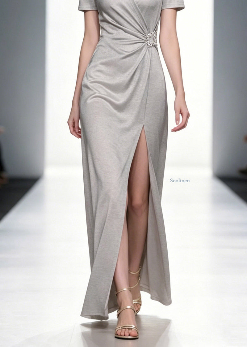 Natural Grey V Neck Wrinkled Long Dresses Summer