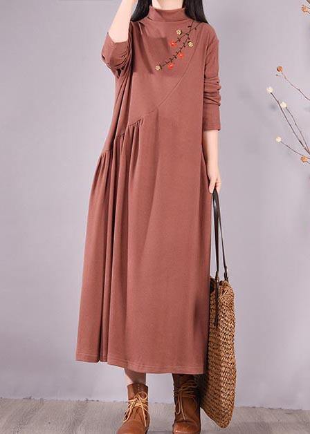 Natural High Neck Cinched Spring Tunic Fabrics Brown Embroidery a Line Dress