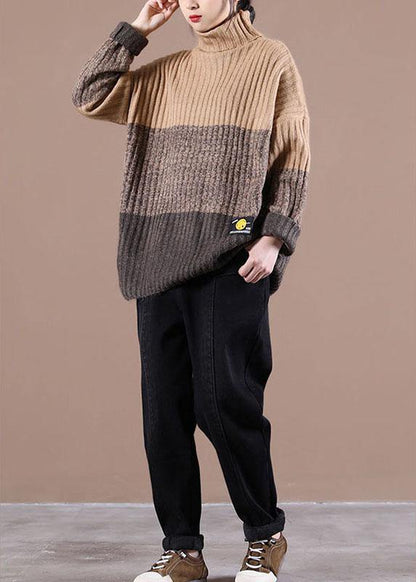 Natural Khaki Colorblock High Neck Fall Knit Sweater