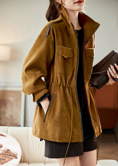 Natural Khaki Drawstring Zippered Coats Spring