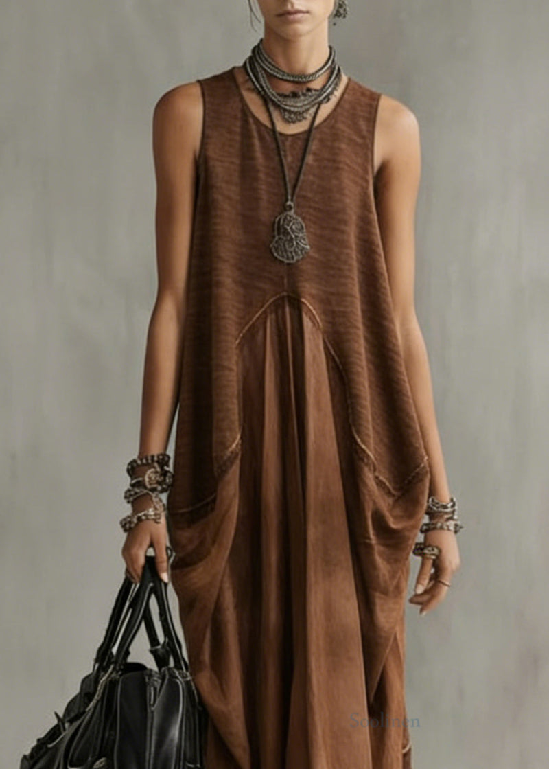 Natural Khaki O-neck Patchwork Long Dress Summer