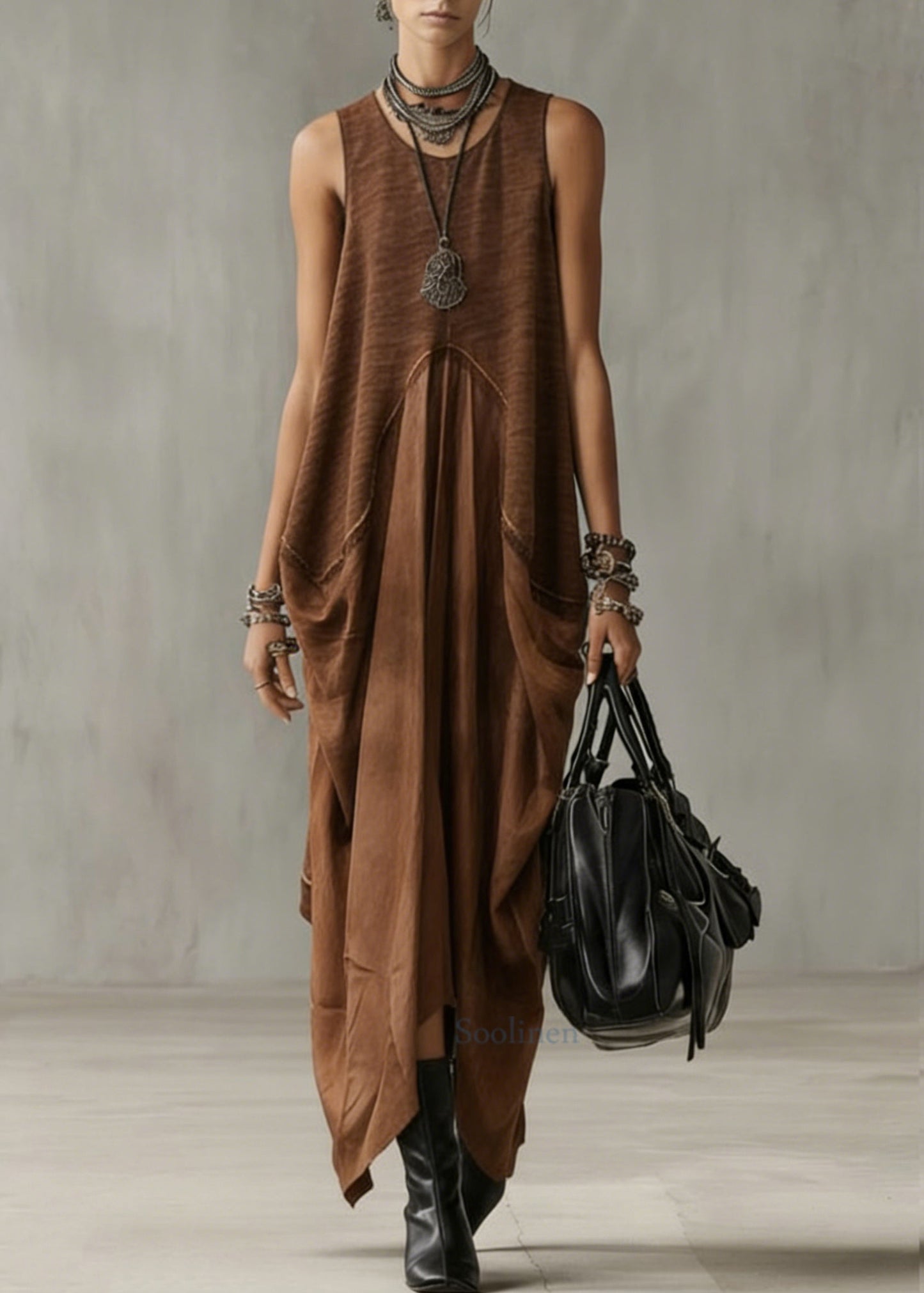 Natural Khaki O-neck Patchwork Long Dress Summer