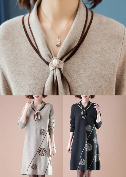Natural Khaki Peter Pan Collar Cotton Knit Long Weater Dress Spring