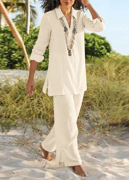 Natural Khaki Peter Pan Collar Shirt and Wide Leg Pants Two Pieces Set Fall