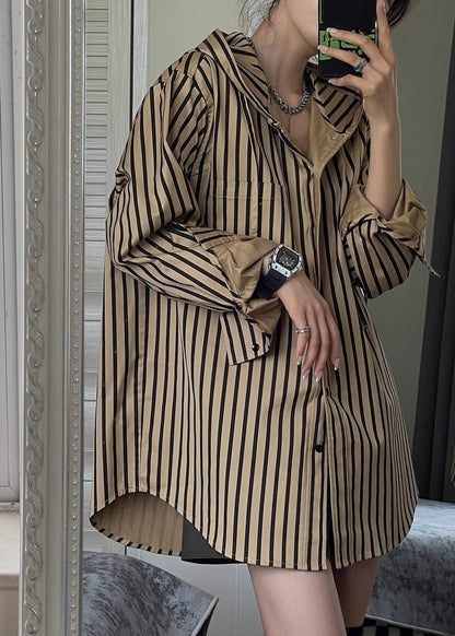 Natural Khaki Striped Button Hooded Shirts Spring