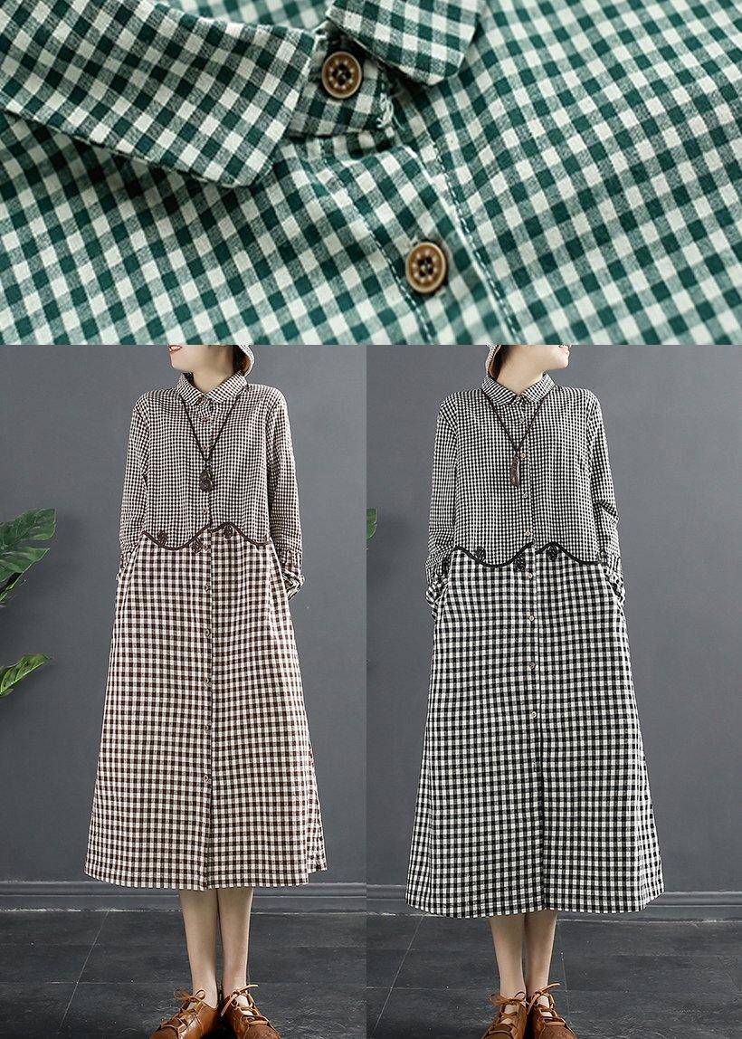 Natural Lapel Patchwork Wardrobes Work Outfits Brown Plaid Maxi Dresses