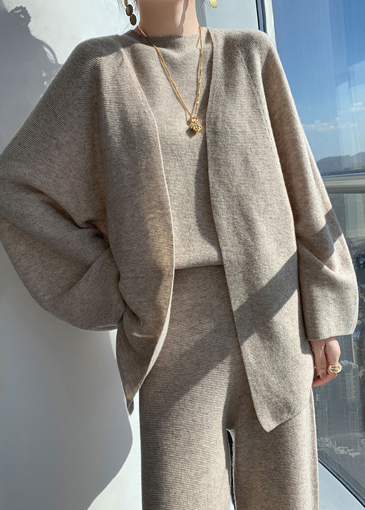 Natural Light Camel V Neck Woolen Cardigan Waistcoat and Wide Leg Pants Three Piece Set Spring