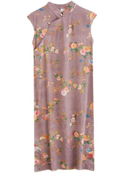 Natural Light Purple Print Button Oriental Mid Dress Summer Cotton Dress