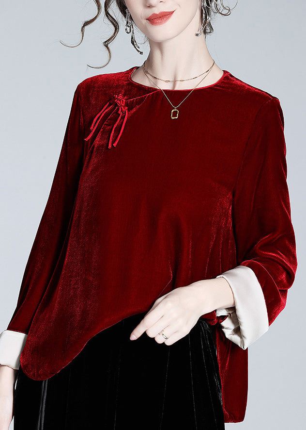 Natural Mulberry O-neck Side Open Silk Velour Shirts Long Sleeve
